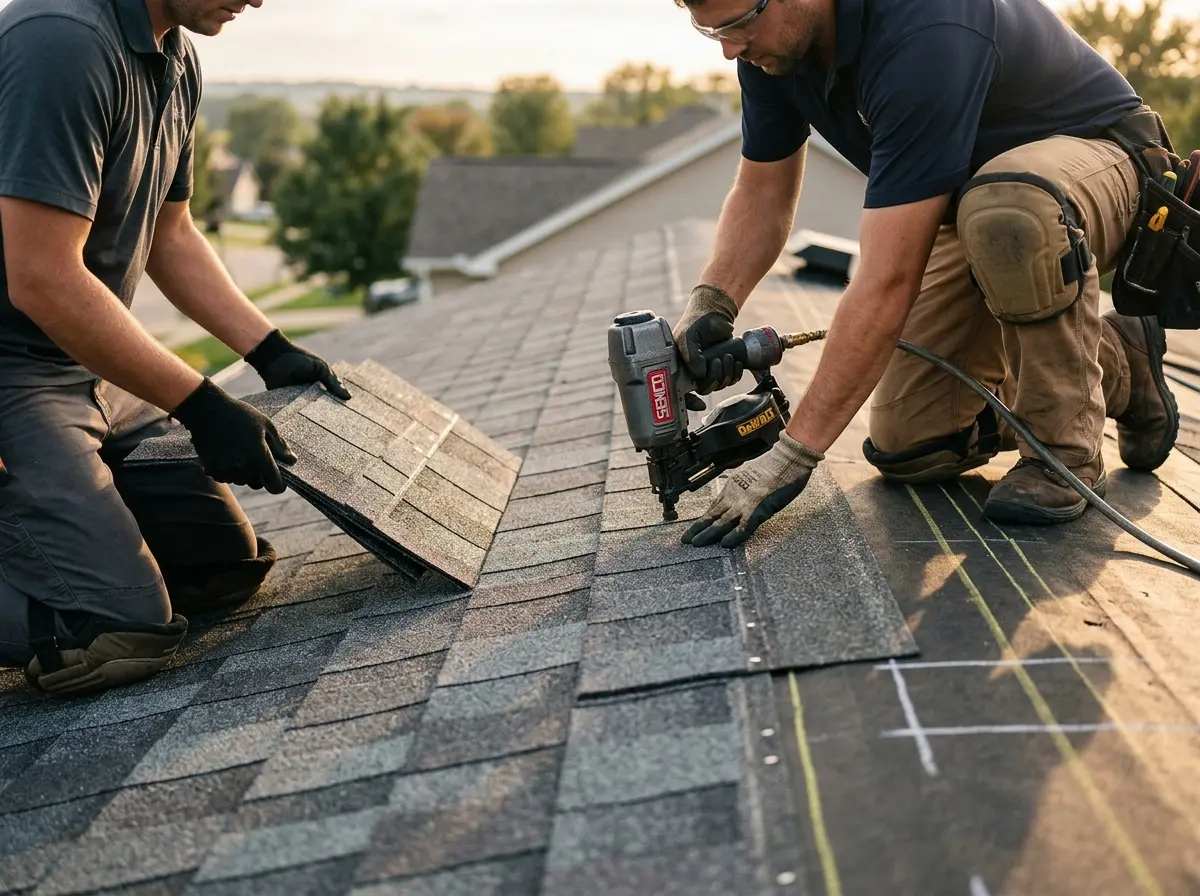 Professional roofer working on a residential roof in North Hills